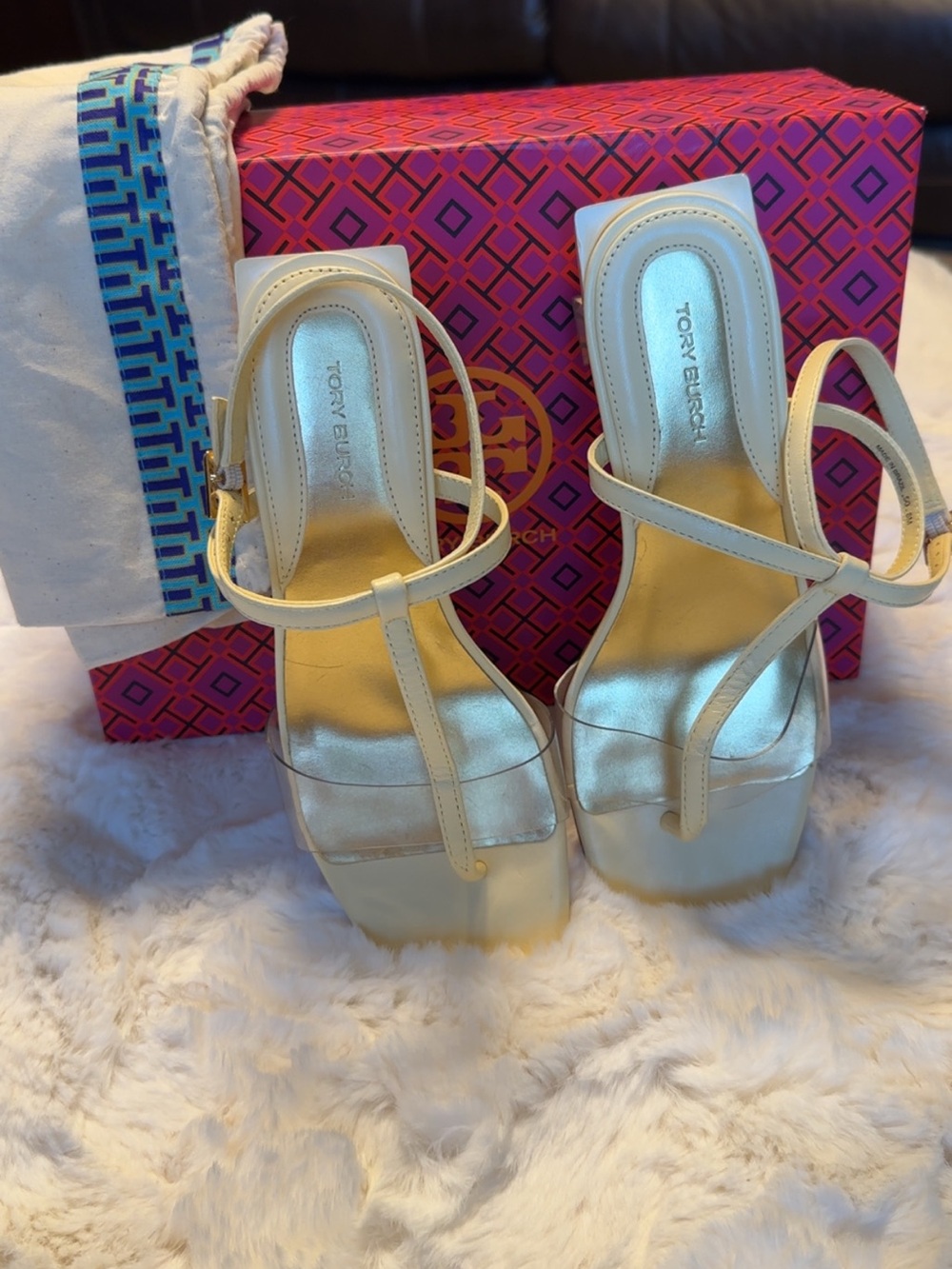 Tory Burch Champagne Ivory Metallic T-Strap Platform Sandals